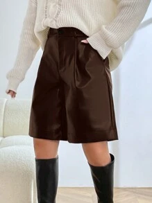 Muchica Women's Solid Color Front Button Simple Casual Shorts - Brown - View 4