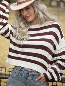 LanaWest Striped Print Crew Neck Casual Pullover Sweater Knit Pullover Fall Winter - Multicolor - View 4