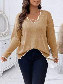 Calvaya Pull long à manches longues avec bordure bicolore, tailles grandes, pour l'hiver