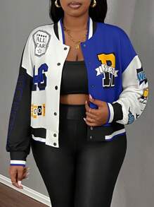 Slaydiva 大码印花和拼色棒球夹克 - 藍色 - 查看 5