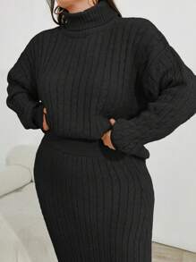 EURMUSE Cable Knit Turtleneck Sweater And Skirt Two Piece Set - Black - View 6