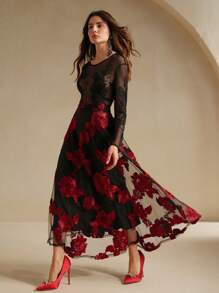 Anewsta New Vintage Elegant Versatile Floral Embroidery Mesh High Waist A-Line Skirt, Autumn/Spring Maxi, Christmas - Multicolor - View 7