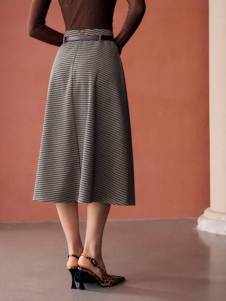 HOUNDSTOOTH PRINT FLARE SKIRT WITH BUCKLE BELT