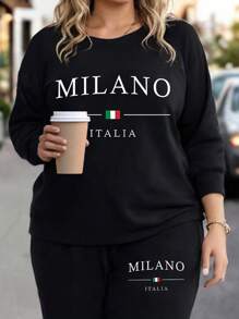 Flirla Conjunto deportivo de mujer de talla grande de sudadera de cuello redondo y pantalón de chándal con estampado de la letra Milán, de estilo casual y moda