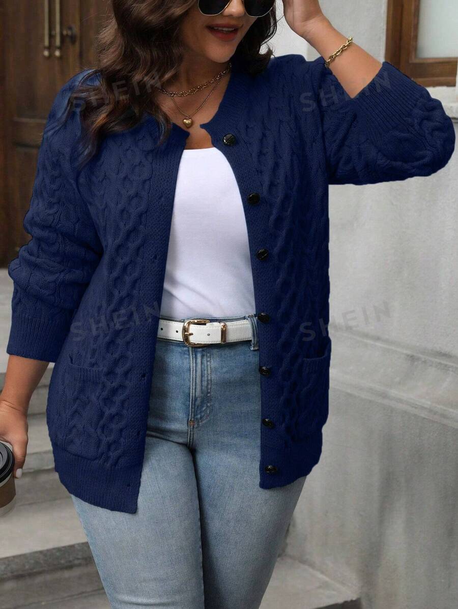 Cárdigan de talla grande de unicolor con bolsillos dobles, informal para otoño/invierno