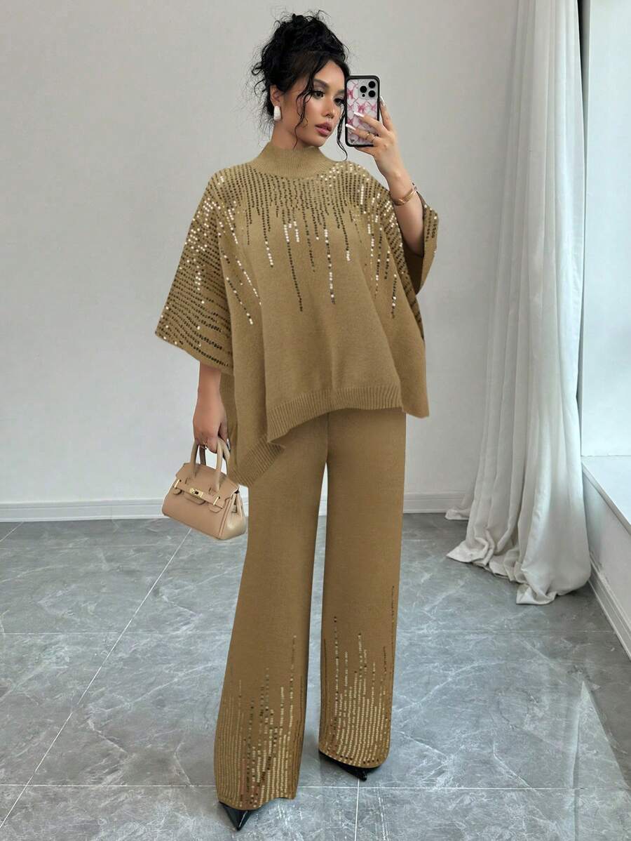 Selianne 女士 2 件套纯色立领拼接亮片蝙蝠袖毛衣和针织裤休闲套装,秋冬 - 卡其色 - 查看 1
