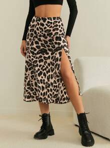 SHEIN Frenchy 豹纹开衩下摆拉链开合休闲迷你裙 - 彩色 - 查看 5