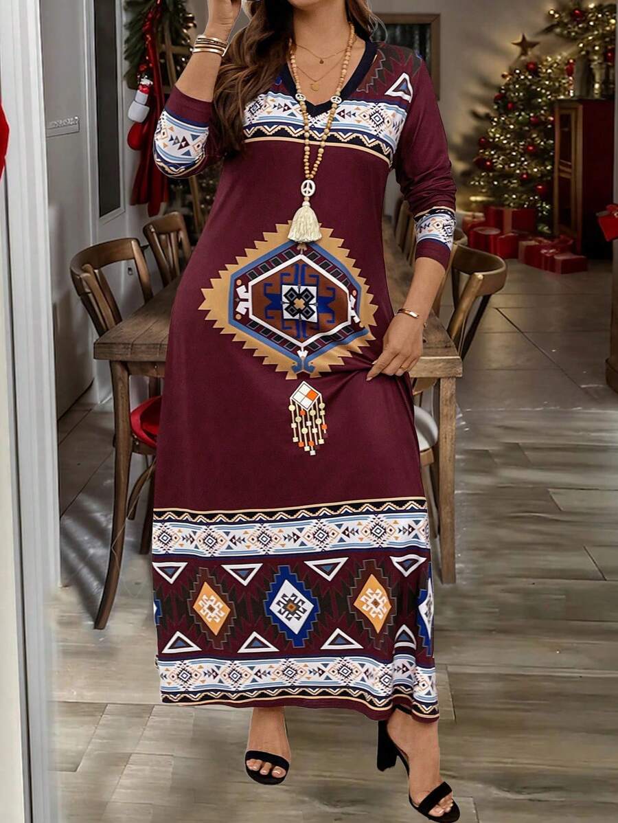 Plus Size Women Print V-Neck Long Sleeve Casual Dress