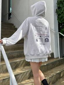 DAZY Slogan Graphic Drop Shoulder Drawstring Hoodie,Long Sleeve Tops