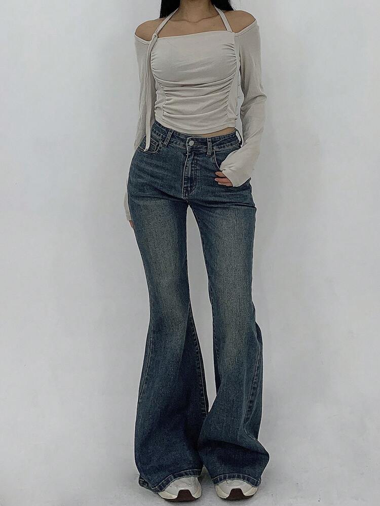 Women's Plain Pockets Casual Flare Jeans Pants