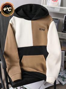 SHEIN 青少年男孩多色拼布时尚哥特朋克风格休闲连帽运动衫，适合秋冬季日常穿着