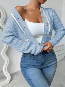 Chiquease 女士休闲优雅拼布缎带前扣开衫，秋冬款 - 淺藍色 - 查看 6