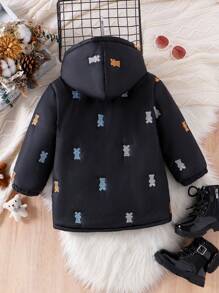 SHEIN 年轻女孩毛绒熊刺绣连帽夹克，可爱休闲保暖冬季防风加厚全拉链外套 - 藍色 - 查看 2