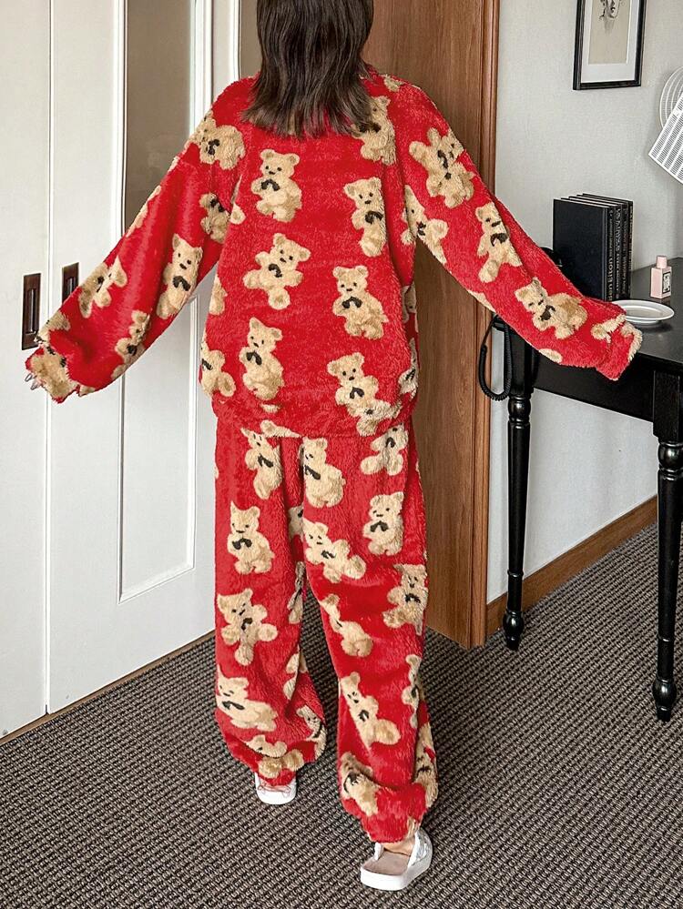 Women Flannel Thicken Christmas Cute Bear Pattern Pajama Set, Suitable For Winter