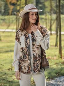 LanaWest 1 pieza Chaqueta casual de cuello camisero con manga larga, hombros caídos y parche de jacquard para otoño