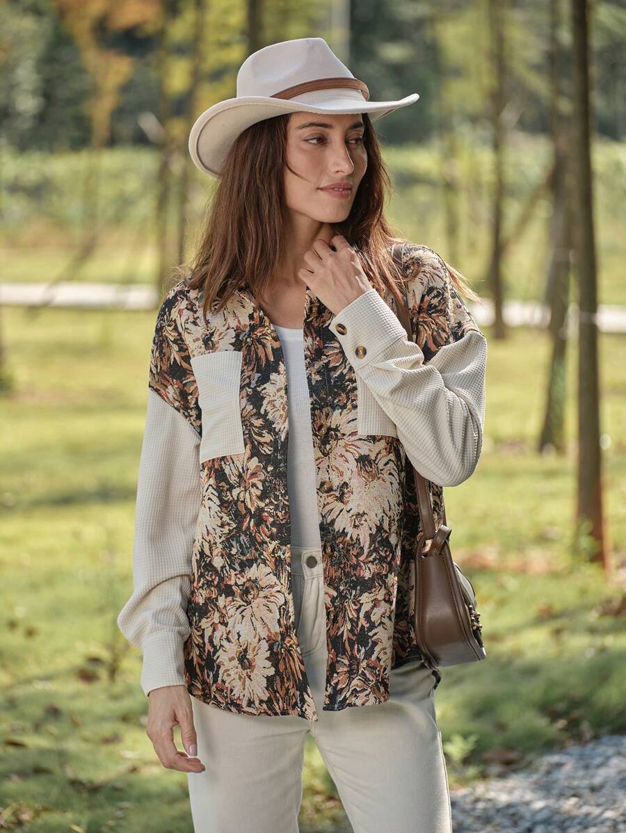 LanaWest 1pc Casual Jacquard Patchwork Drop Shoulder Long Sleeve Shirtcollar Jacket For Autumn - Multicolor - View 1