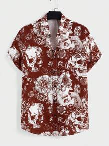 Manfinity Homme 男士休闲骷髅和花卉印花前纽扣短袖衬衫，夏季 - 酒紅色 - 查看 1