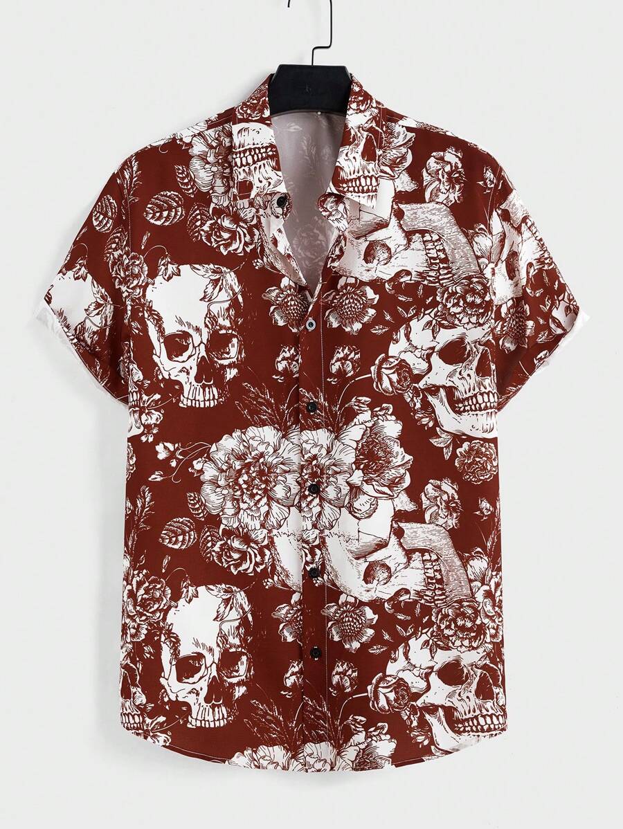 Manfinity Homme 男士休闲骷髅和花卉印花前纽扣短袖衬衫，夏季 - 酒紅色 - 查看 1