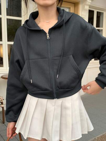 INAWLY Áo nỉ trùm đầu màu trơn có dây rút phía trước dành cho nữ, rộng rãi, mùa xuân và mùa thu, áo nỉ trùm đầu dài tay có túi, ngắn màu xám đậm, thả vai, khóa kéo, thời trang xuân/thu cho nữ