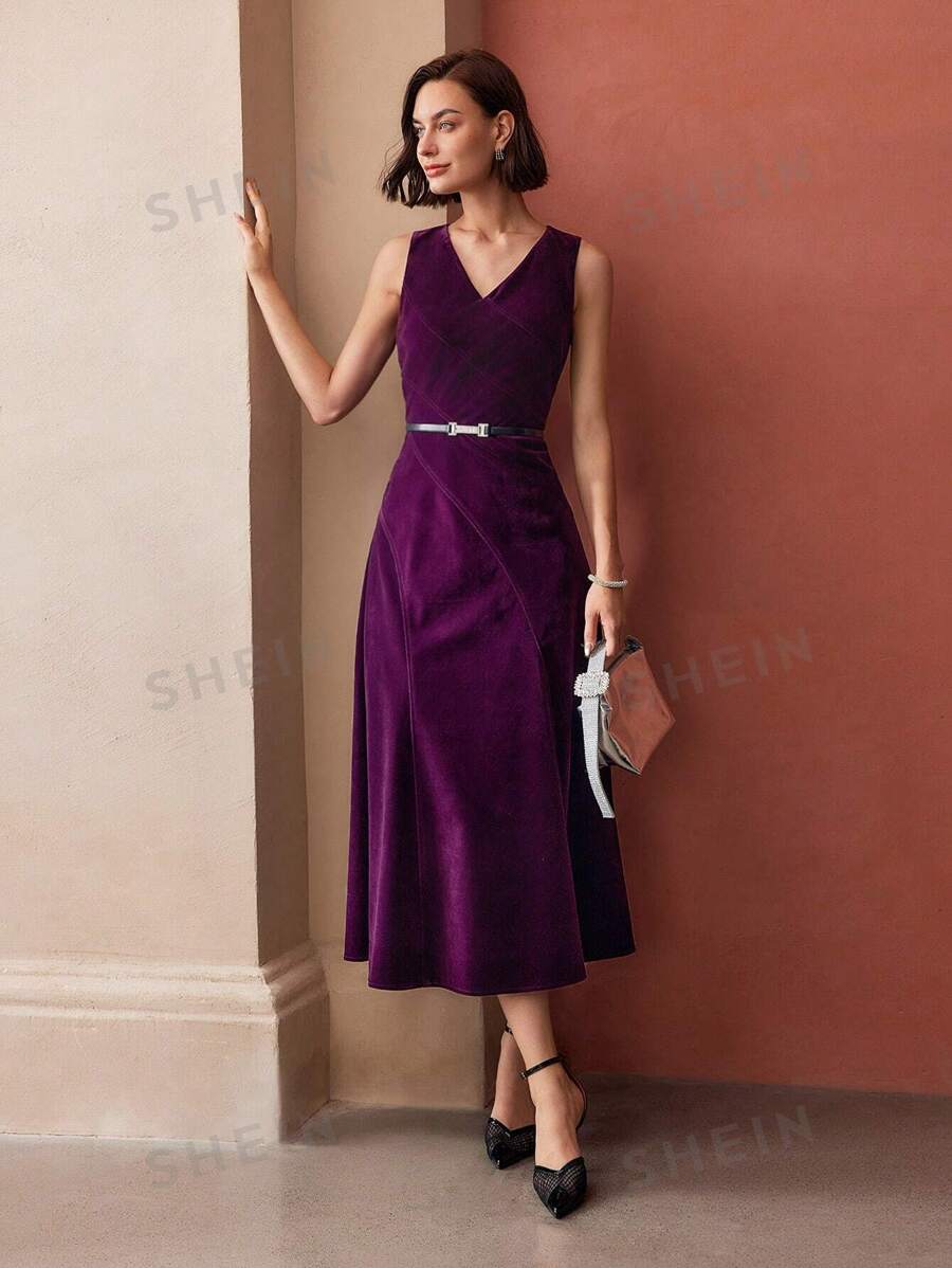 MOTF PREMIUM Vestido largo con cuello en V y bajo con vuelo, de terciopelo liso, sin cinturón