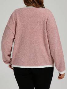Áo khoác Cardigan cỡ lớn có viền tương phản, trang phục thường ngày, thu/đông - Bụi hồng - Xem 2