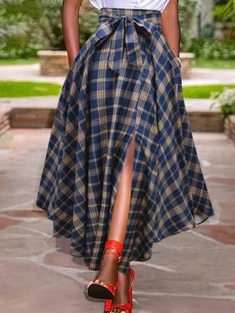 Kvinnors främre slips slits rutig Minimalistisk A-line kjol, vardagskläder