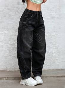 SHEIN EZwear Women Fashionable Distressed Banana-Fit Baggy Denim Jeans
