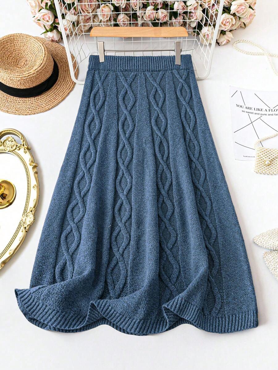 SHEIN LUNE Plus Size Solid Color Casual Knitted A-Line Skirt, Autumn/Winter - Dusty Blue - View 1
