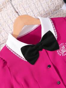 SHEIN Váy xếp ly tay bồng phong cách đại học Anh cho bé gái tuổi mới lớn màu khối - Hồng - Xem 4