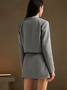 Anewsta 2 件套女士法式 3D 金属亮片缀饰短款圆领灰色夹克和裙子 - 灰色 - 查看 5