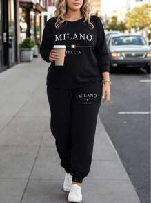 Flirla Conjunto deportivo de mujer de talla grande de sudadera de cuello redondo y pantalón de chándal con estampado de la letra Milán, de estilo casual y moda