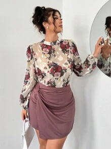 SHEIN Unity Bộ trang phục 2 món cỡ lớn - Áo choàng bằng vải voan mỏng bán trong suốt cổ đứng thanh lịch và váy ngắn dệt kim bó sát - Nhiều màu - Xem 5