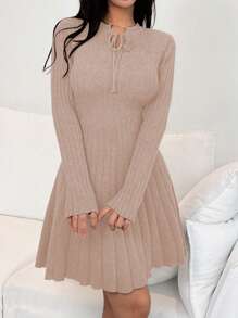 Lunelith SHEIN Lunessa Vestido de suéter ajustado para mujeres con cuello en V, con cordones en la cintura y corte evasé de un solo color