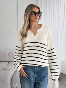 SHEIN Essnce 纯色马球领条纹毛衣V领套头衫宽松休闲毛绒毛衣经典条纹百搭毛衣圣诞毛衣针织女毛衣女秋装 - 卡其色 - 查看 3