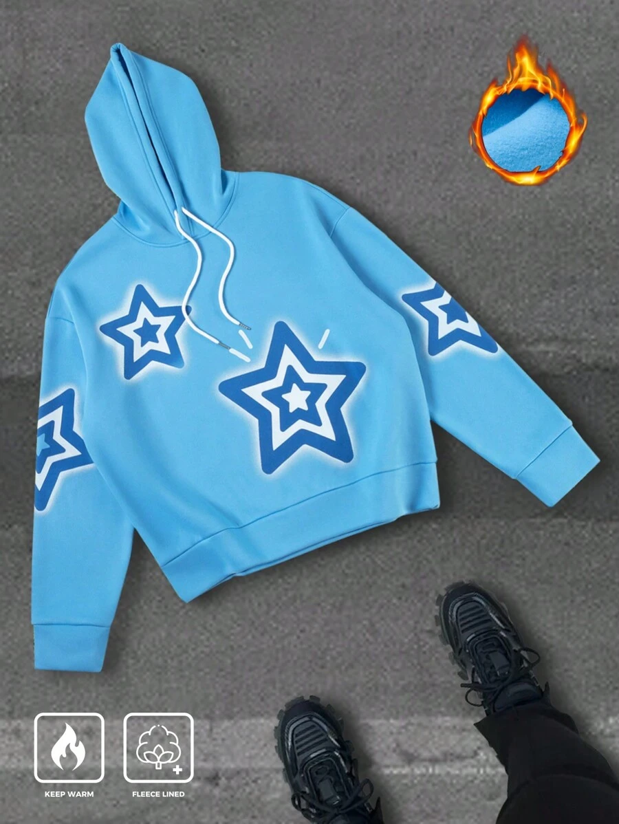 PAVTROS Manfinity Streetrush Men's Star Pattern Thermal Lined Hoodie Sweatshirt,Fall And Winter Men Clothes,Men's Casual Blue Star Sweatshirt, Boyfriend Gift - Baby Blue - View 1