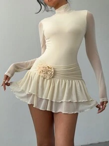 Aloruh 女士秋冬新款纯色连衣裙，带 3D 花朵、荷叶边饰边和紧身网眼连衣裙