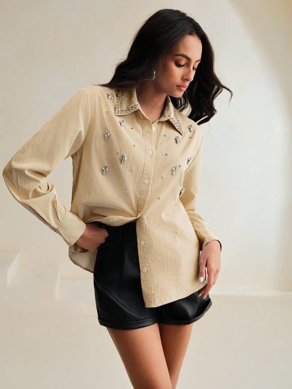 Elegant Crystal Decor Office Formal Blue Blouse For Ladies Women Shirt