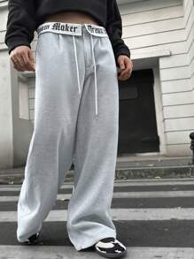 Manfinity VCAY 1 件男士针织休闲文字印花松紧腰宽松运动裤，年轻休闲版型外出时尚慢跑裤超大号拼色运动裤，适合丈夫、男朋友的礼物