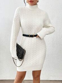 Chiquease 女士休闲花朵扭绳纯色宽松针织毛衣连衣裙，秋冬