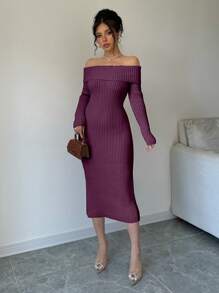 Elenzga 女士休闲日常优雅露肩针织毛衣裙，秋冬 - 酒紅色 - 查看 7