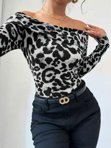 Chiquease 女士豹纹露肩长袖常规 T 恤 - 灰色 - 查看 5