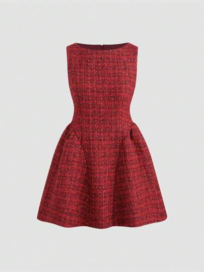 Sweetra 复古淑女金线圣诞红粗花呢收腰 A 字型摆中长连衣裙，秋冬酒红色女装