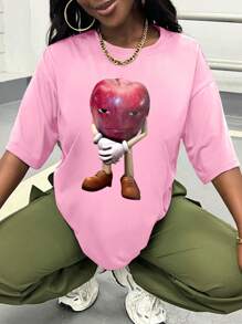 INAWLY Casual Cartoon Print Short Sleeve T-Shirt, Summer - Pink - View 3