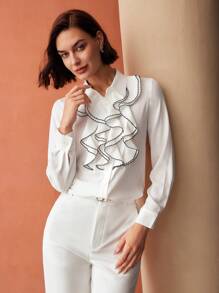 MOTF PREMIUM CONTRAST PIPING JABOT COLLAR SHIRT