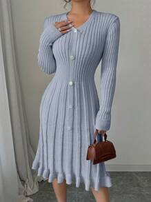 Elenzga Women's Solid Color Front Button Long Sleeve Simple Casual Sweater Dress - Grey - View 4