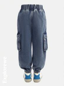 SHEIN 小男孩春秋时尚休闲洗水多口袋牛仔裤 - 藍色 - 查看 2