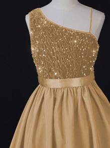 SHEIN Tween Girl Asymmetrical Sequin Patchwork Spaghetti Strap Dress, Suitable For Performance, Wedding Flower Girl, Evening Party, Birthday - Champagne - View 3