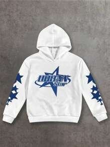 SHEIN Teen Boy Casual Star Print Hooded Sweatshirt, Autumn/Winter - White - View 1