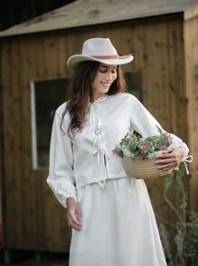 LanaWest 2pcs Women Elegant Fashion Commuter Lady Long Sleeve Round Neck Cardigan Tie Waist Top And Solid Color Long Dress Set - White - View 7