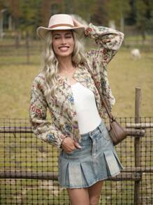 LanaWest 乡村休闲花卉印花前扣夹克，适合秋季户外 - 杏色 - 查看 5